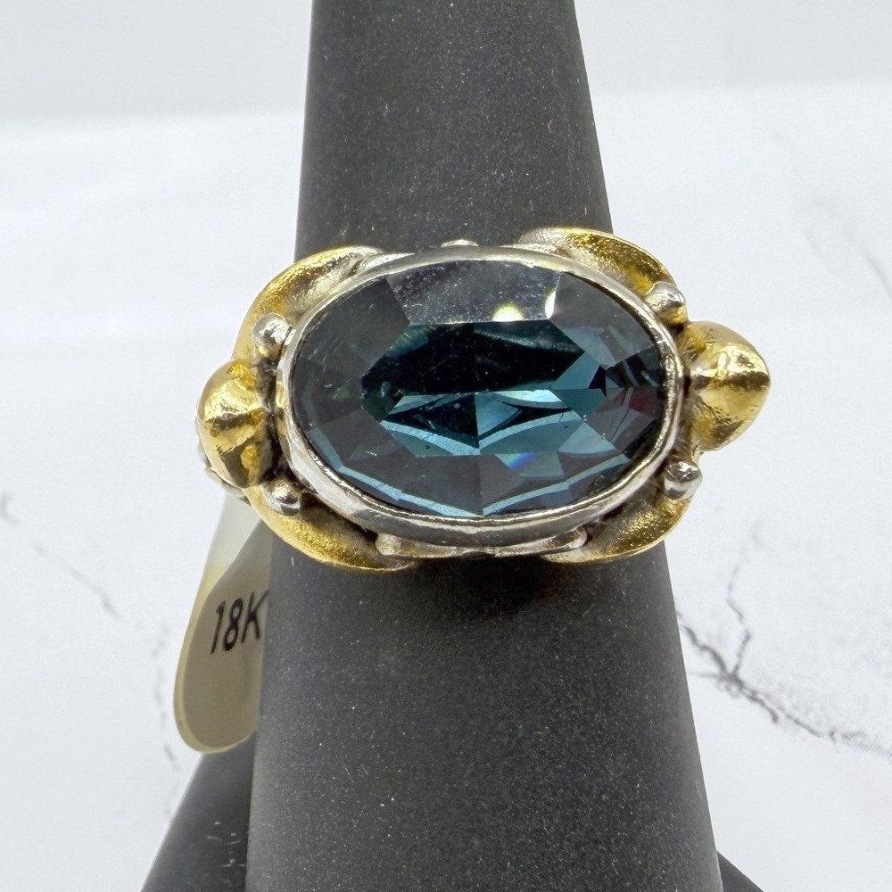 18KGP Two Tone Silver Gold Blue Faceted Glass Ring Size 7 New Unworn